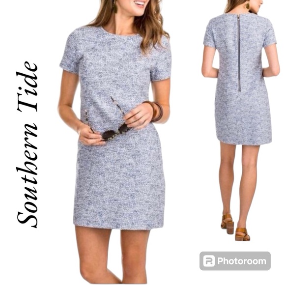 Southern Tide Paislee Tweed Navy Ivory Mini Casual Shift Dress Size 10 - Picture 1 of 14